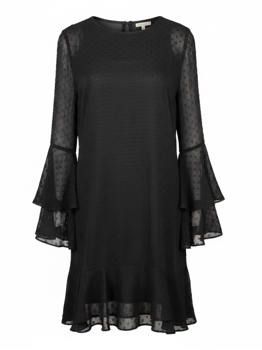 Vince Camuto Black Sheer Swiss Dot Ruffle Bell Sleeve Mini Dress, Size 14